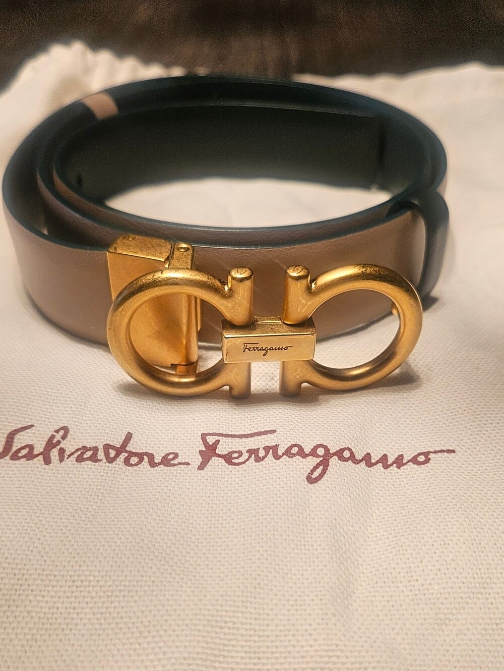 Authentic Salvatore Ferragamo Reversible Gancini Leather Belt – Gold Buckle